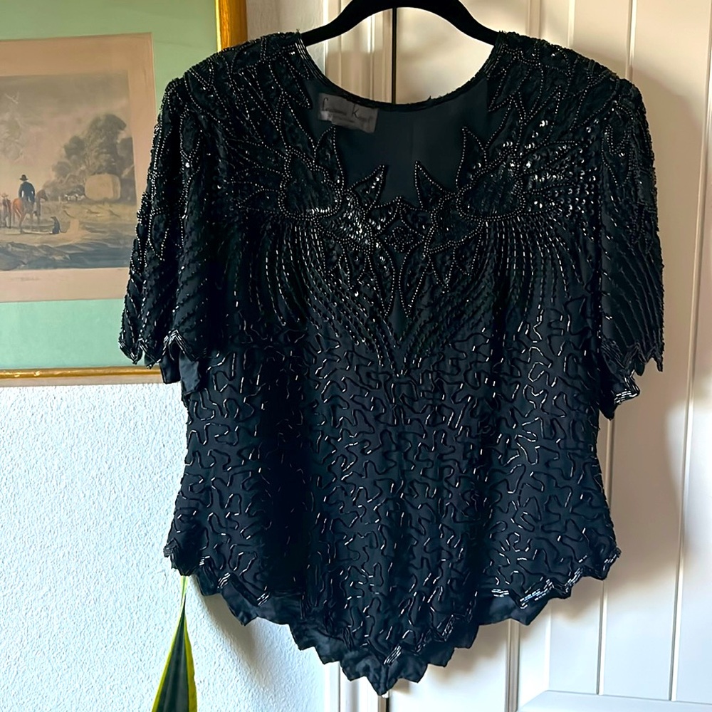 Vintage Laurence Kazar beaded black top size L